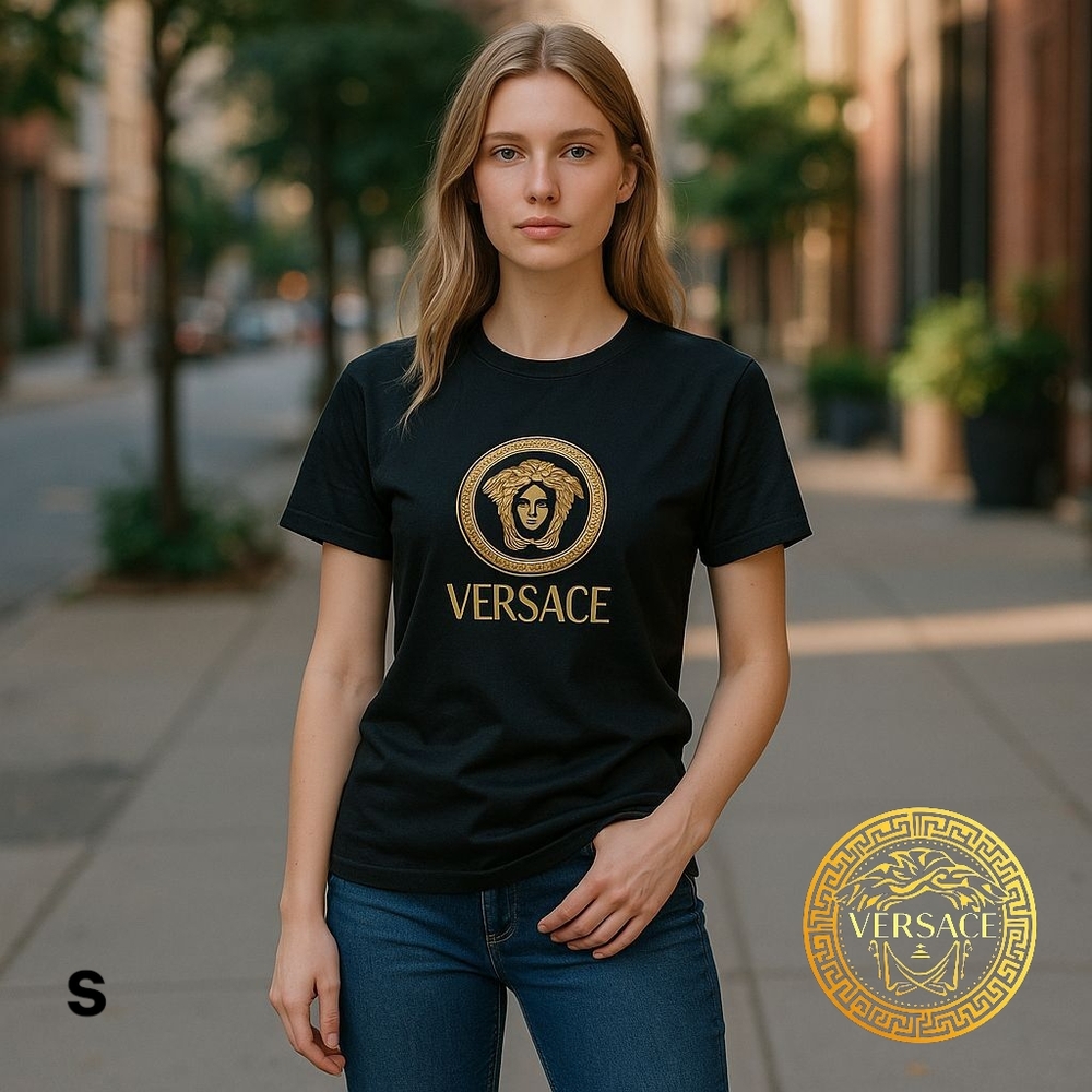Versace Black Tee with Gold Medusa Emblem